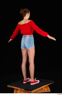 Stacy Cruz blue jeans shorts casual dressed red off shoulder…